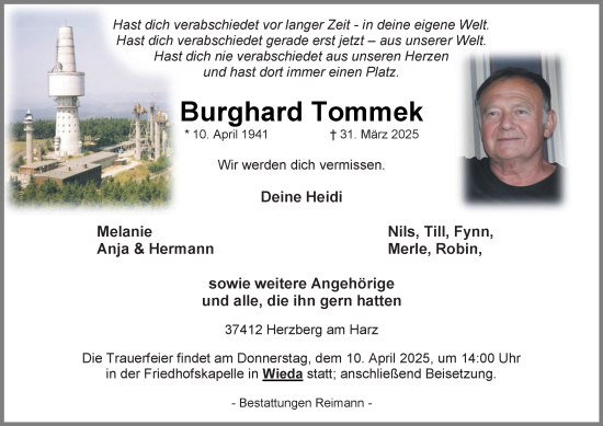Traueranzeige von Burghard Tommek von Harz Kurier