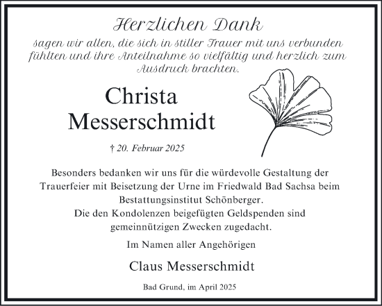 Traueranzeige von Christa Messerschmidt von Harz Kurier