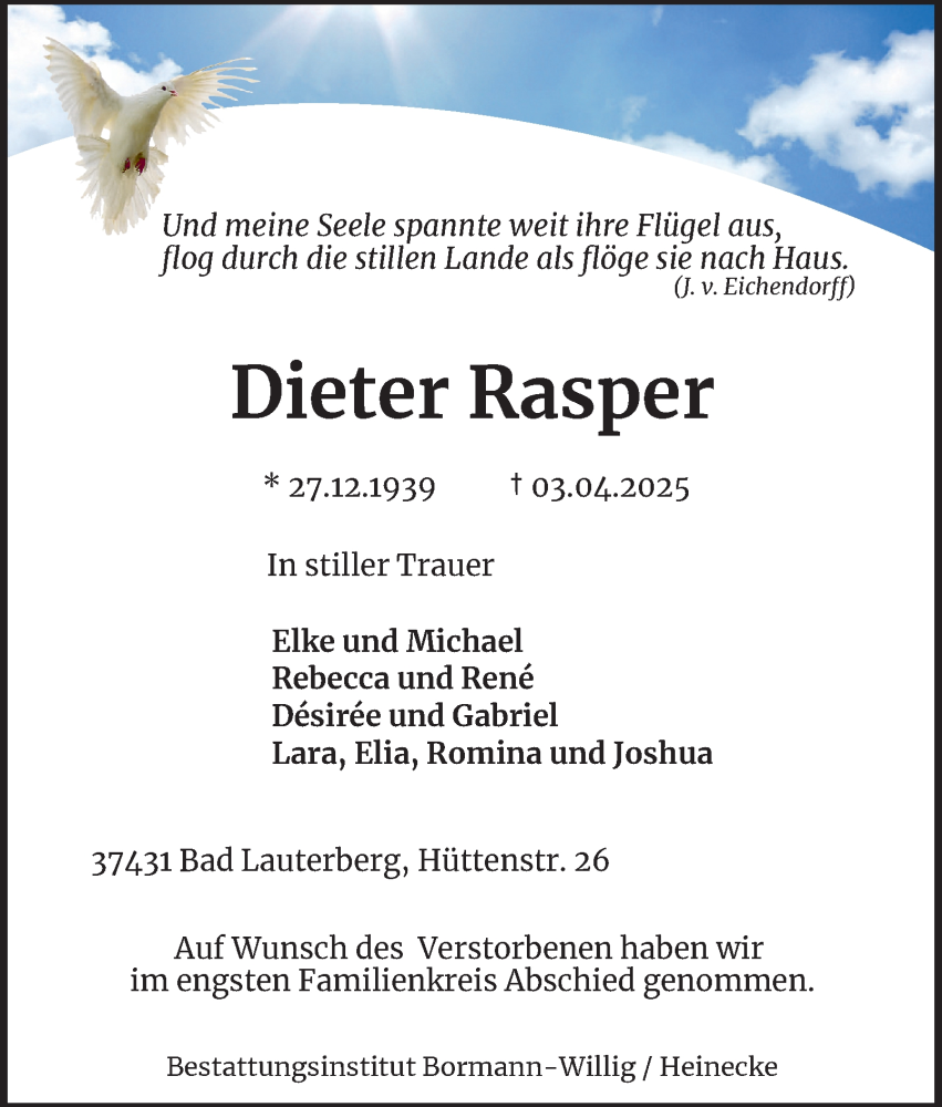  Traueranzeige für Dieter Rasper vom 26.04.2025 aus Harz Kurier