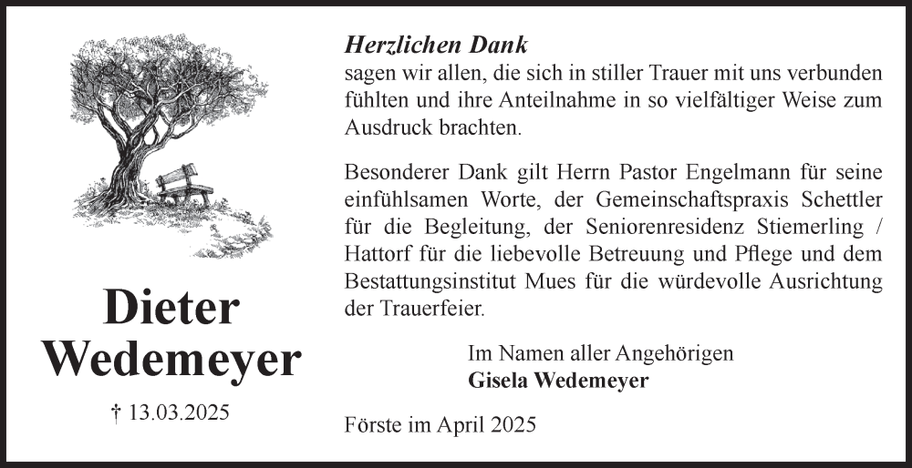  Traueranzeige für Dieter Wedemeyer vom 12.04.2025 aus Harz Kurier