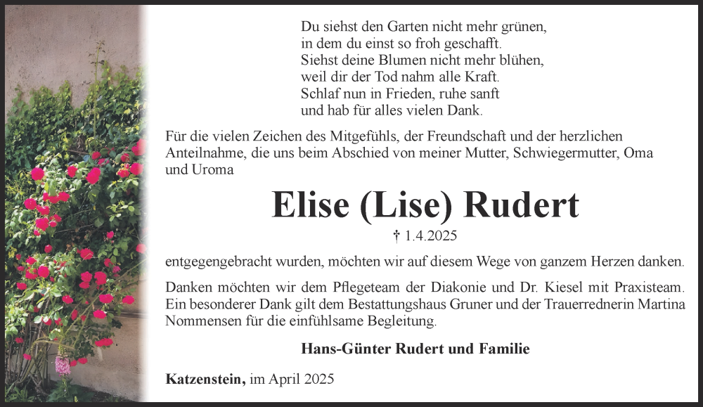  Traueranzeige für Elise Rudert vom 26.04.2025 aus Harz Kurier