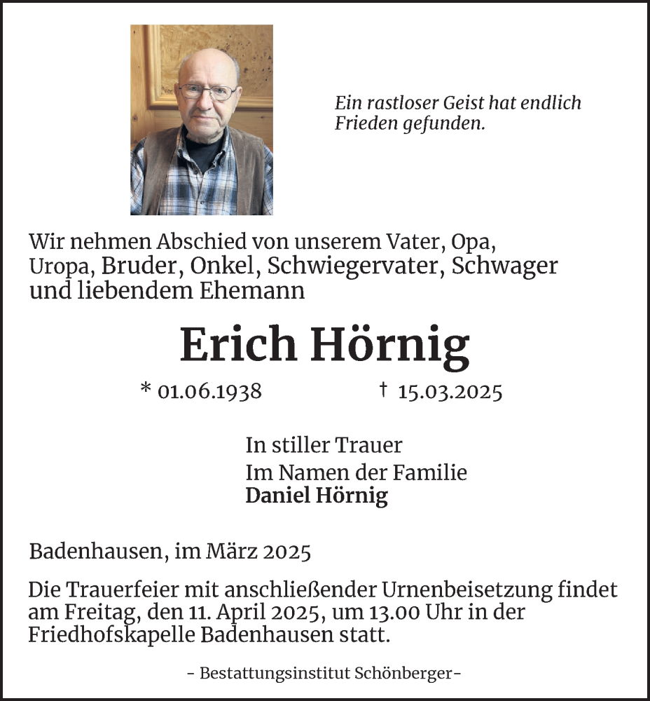  Traueranzeige für Erich Hörnig vom 05.04.2025 aus Harz Kurier