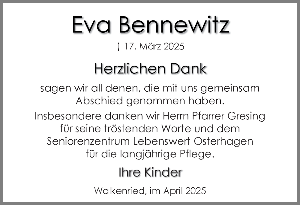  Traueranzeige für Eva Bennewitz vom 12.04.2025 aus Harz Kurier