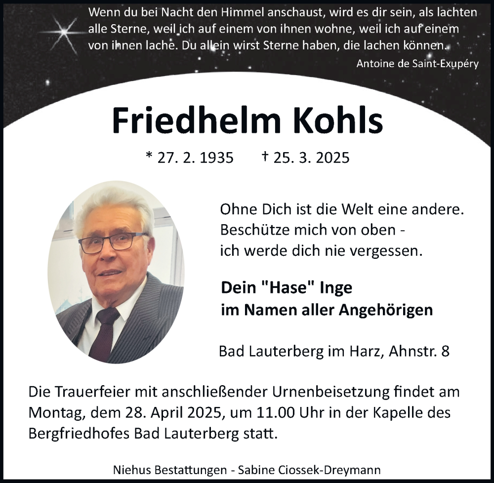  Traueranzeige für Friedhelm Kohls vom 05.04.2025 aus Harz Kurier