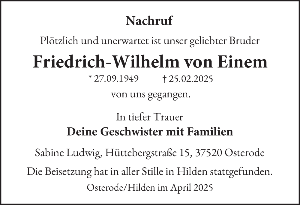  Traueranzeige für Friedrich-Wilhelm von Einem vom 05.04.2025 aus Harz Kurier