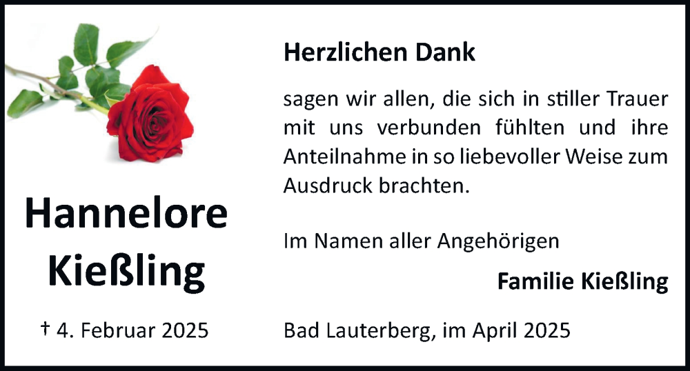  Traueranzeige für Hannelore Kießling vom 12.04.2025 aus Harz Kurier