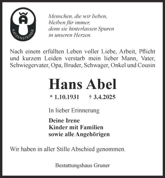 Traueranzeige von Hans Abel von Harz Kurier