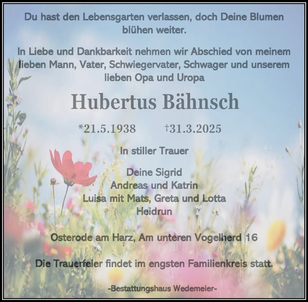  Traueranzeige für Hubertus Bähnsch vom 05.04.2025 aus Harz Kurier