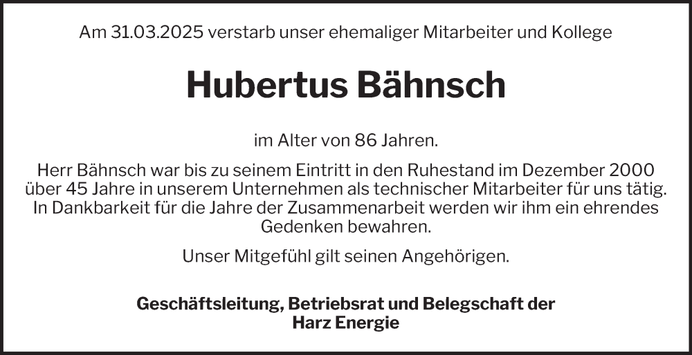  Traueranzeige für Hubertus Bähnsch vom 10.04.2025 aus Harz Kurier