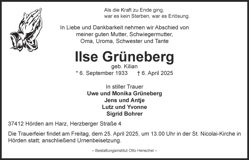  Traueranzeige für Ilse Grüneberg vom 22.04.2025 aus Harz Kurier