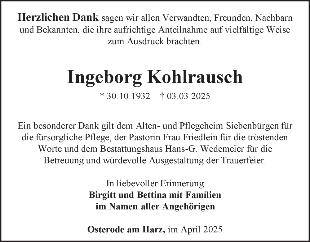  Traueranzeige für Ingeborg Kohlrausch vom 05.04.2025 aus Harz Kurier