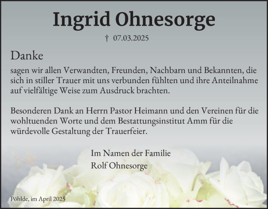 Traueranzeige von Ingrid Ohnesorge von Harz Kurier