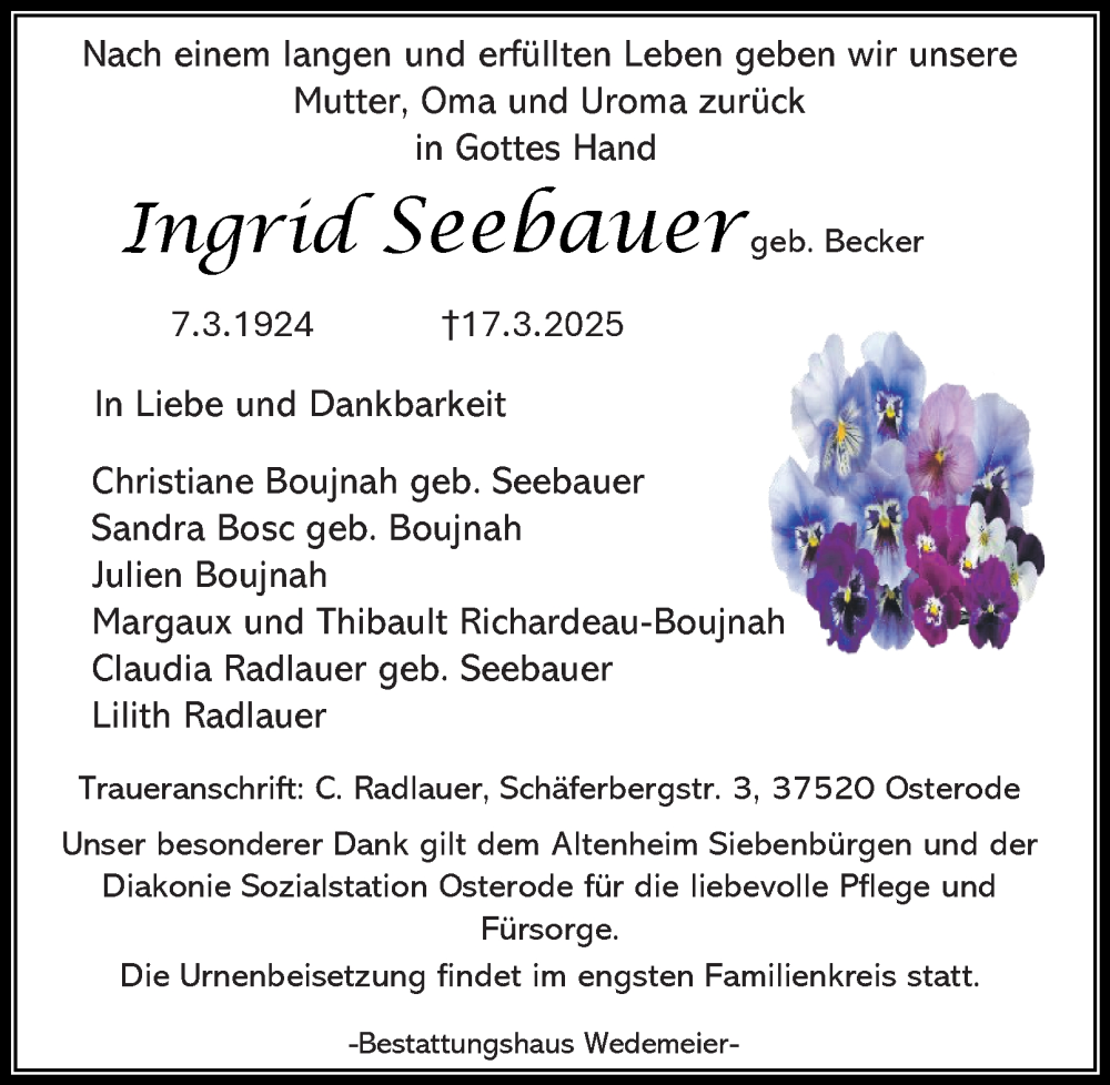  Traueranzeige für Ingrid Seebauer vom 12.04.2025 aus Harz Kurier