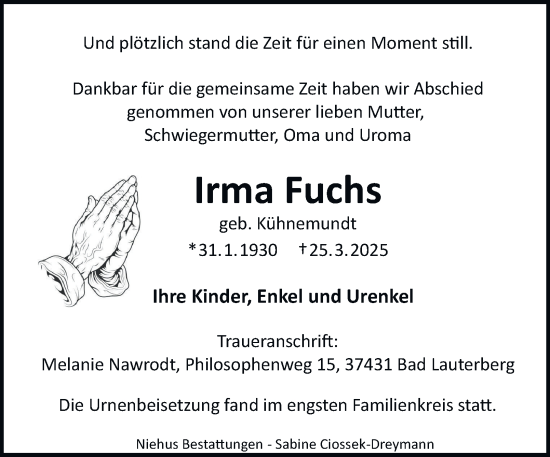 Traueranzeige von Irma Fuchs von Harz Kurier