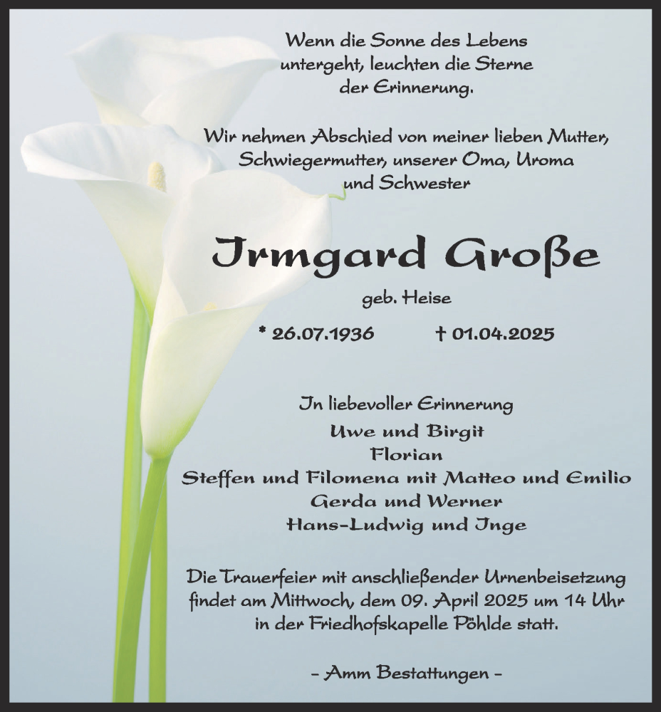  Traueranzeige für Irmgard Große vom 05.04.2025 aus Harz Kurier