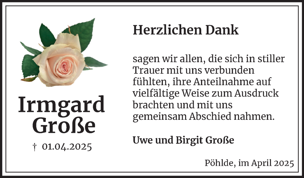  Traueranzeige für Irmgard Große vom 26.04.2025 aus Harz Kurier