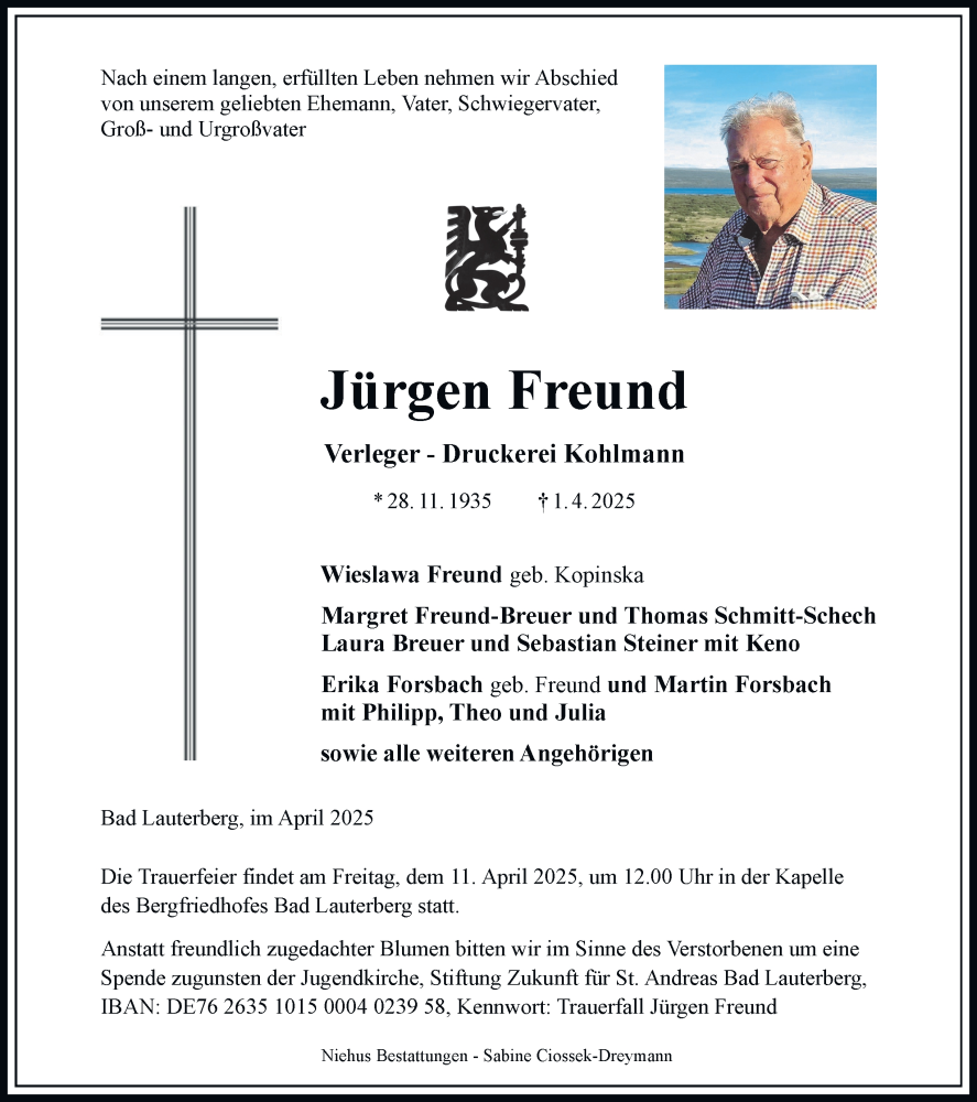  Traueranzeige für Jürgen Freund vom 05.04.2025 aus Harz Kurier