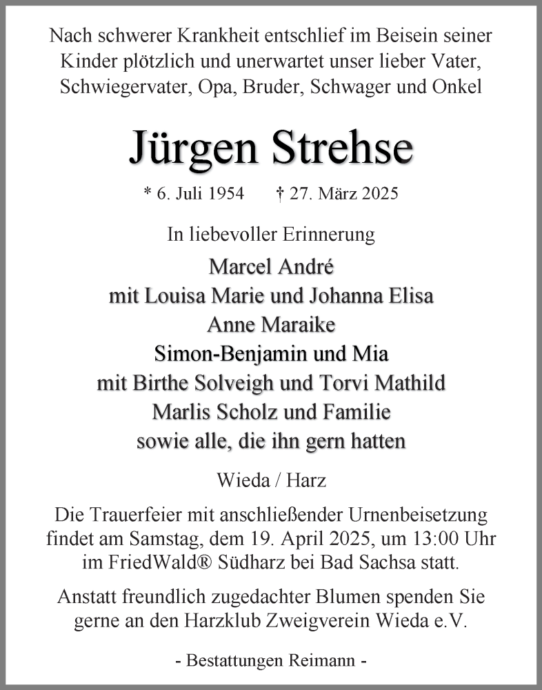 Traueranzeige für Jürgen Strehse vom 05.04.2025 aus Harz Kurier