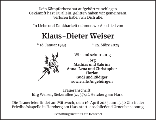 Traueranzeige von Klaus-Dieter Weiser von Harz Kurier