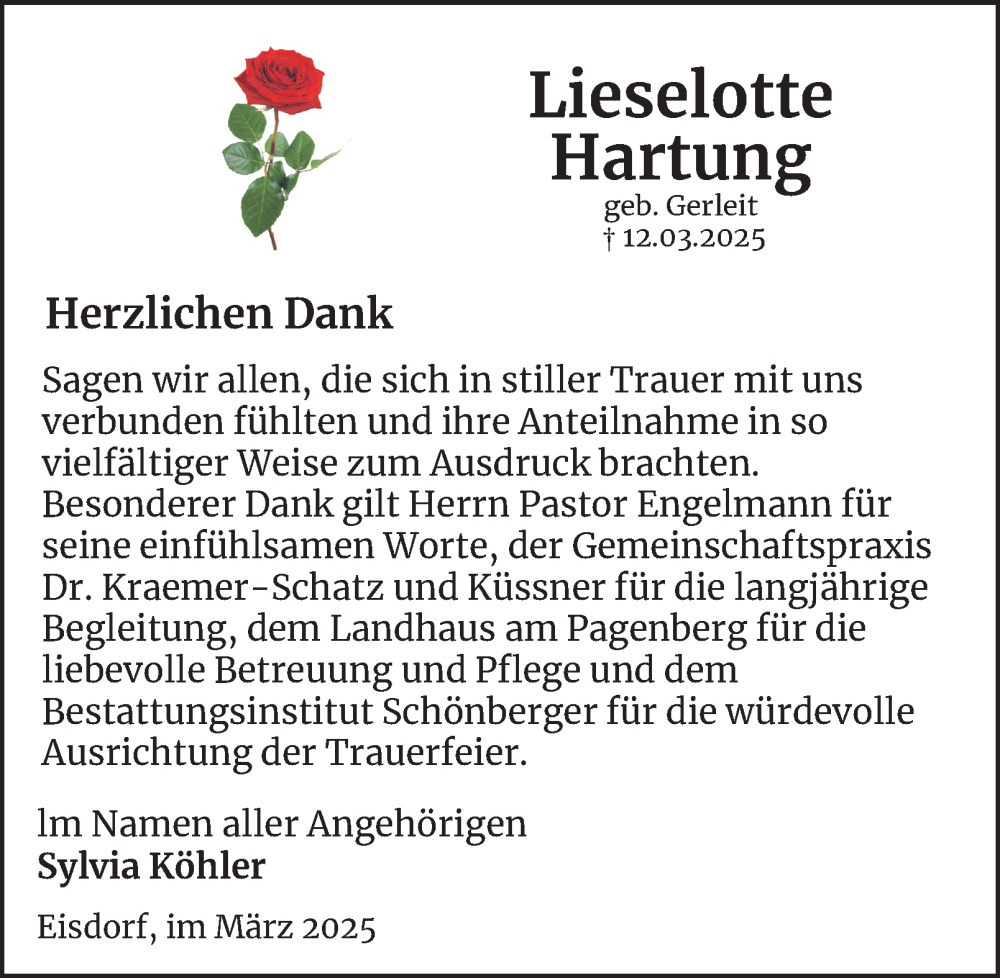  Traueranzeige für Lieselotte Hartung vom 05.04.2025 aus Harz Kurier