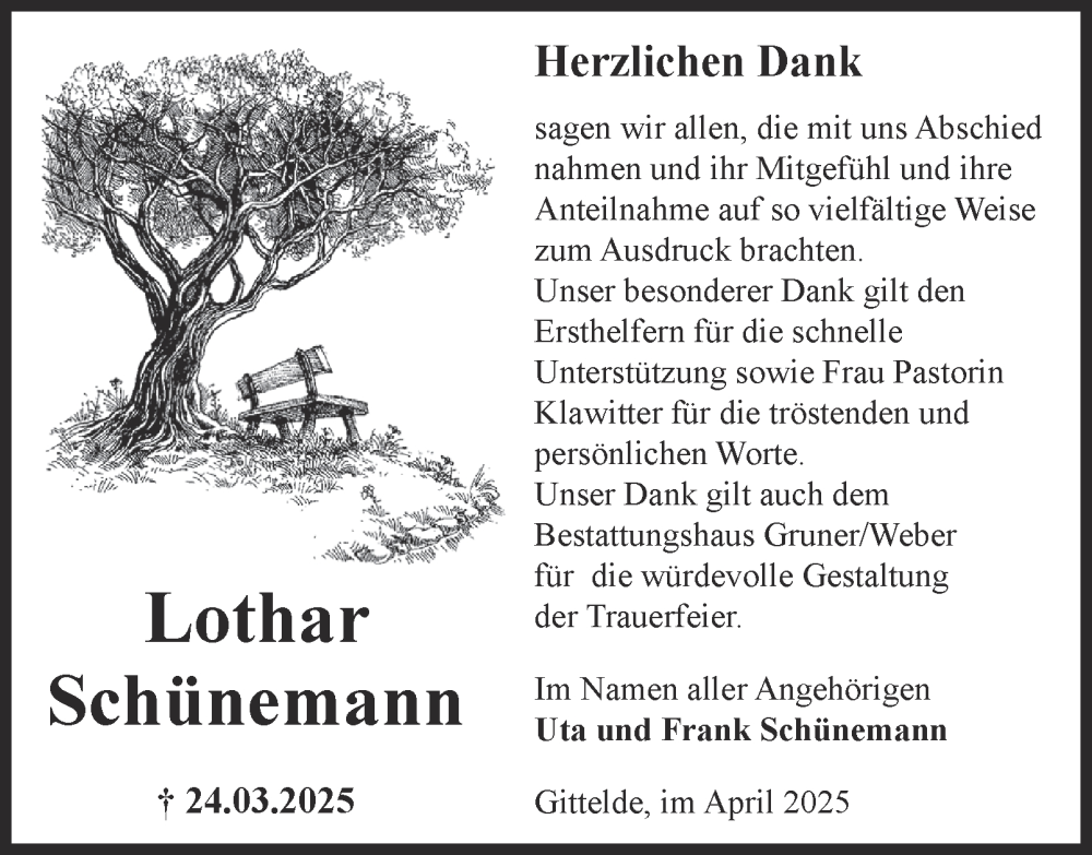 Traueranzeige für Lothar Schünemann vom 26.04.2025 aus Harz Kurier