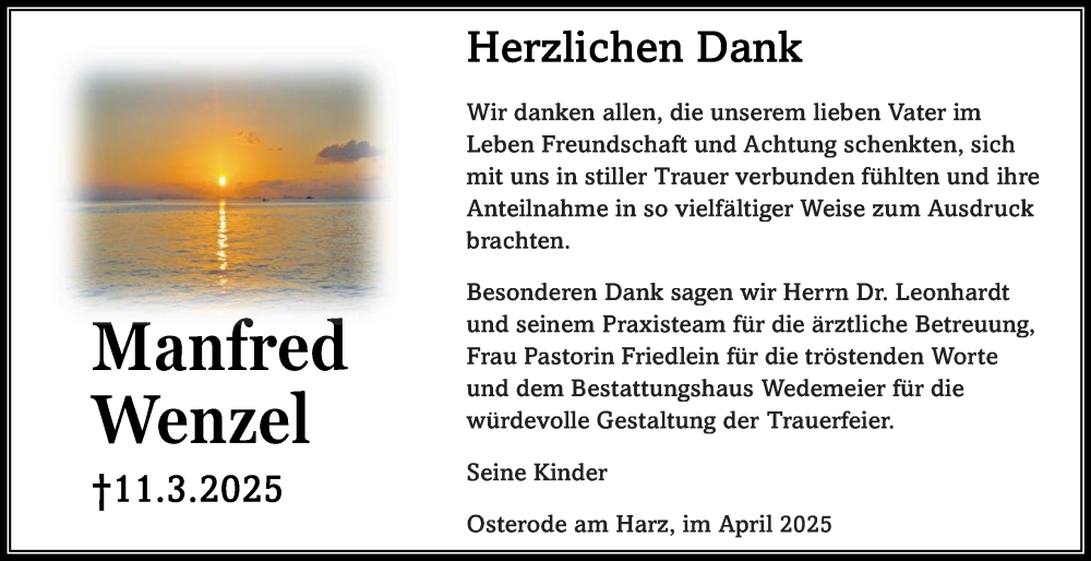  Traueranzeige für Manfred Wenzel vom 12.04.2025 aus Harz Kurier