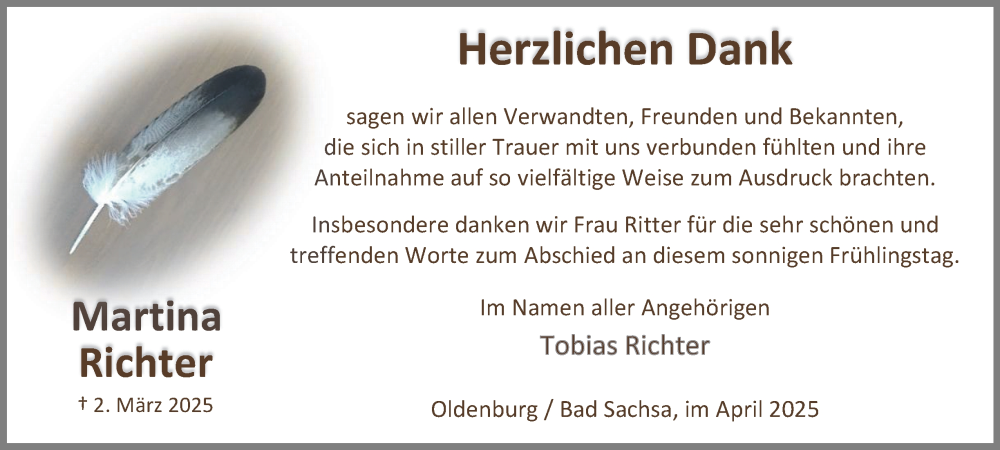  Traueranzeige für Martina Richter vom 26.04.2025 aus Harz Kurier