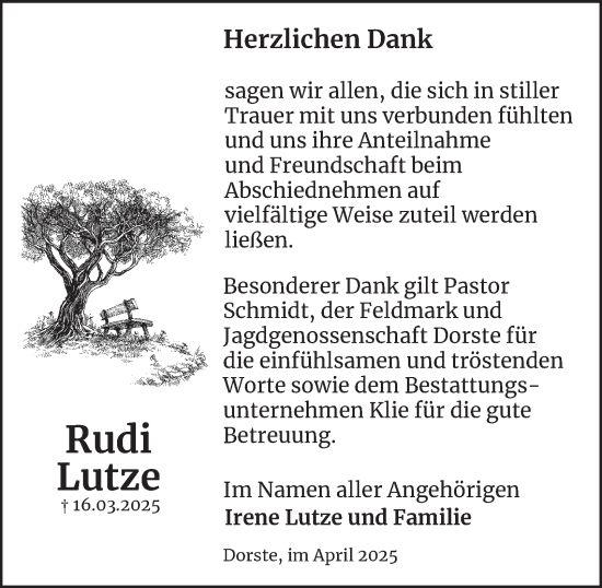 Traueranzeige von Rudi Lutze von Harz Kurier