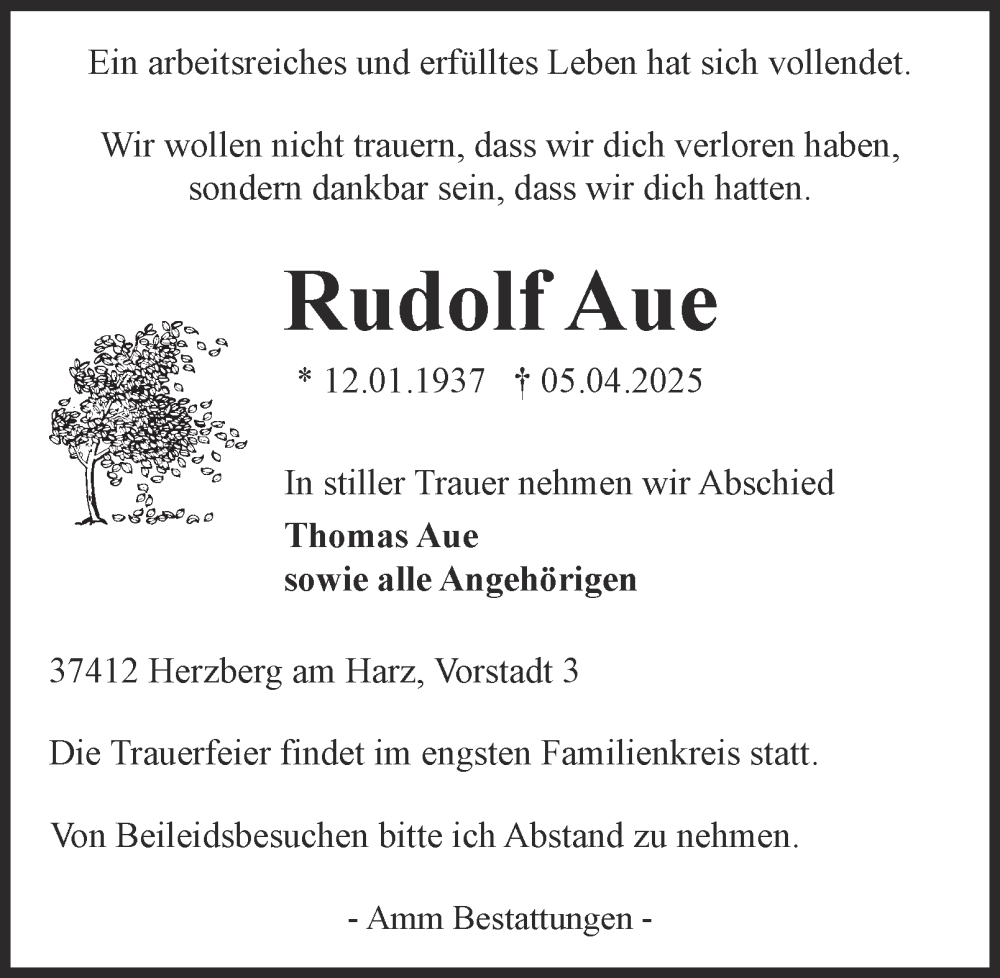  Traueranzeige für Rudolf Aue vom 12.04.2025 aus Harz Kurier