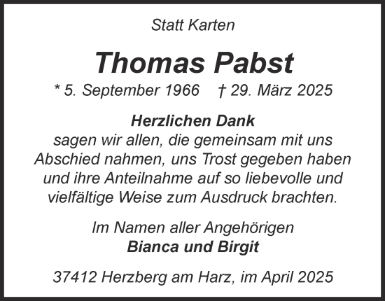 Traueranzeige von Thomas Pabst von Harz Kurier