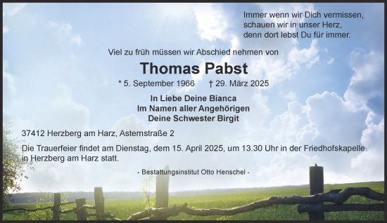Traueranzeige von Thomas Pabst von Harz Kurier