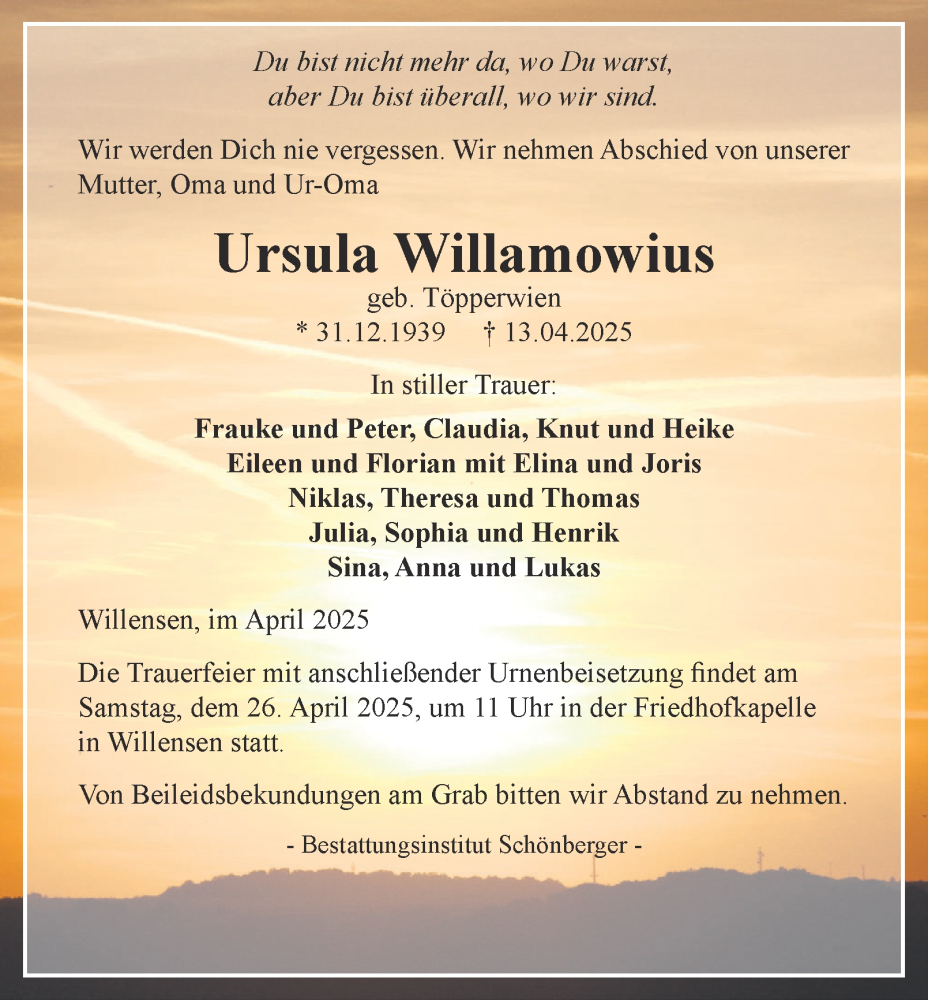  Traueranzeige für Ursula Willamowius vom 19.04.2025 aus Harz Kurier