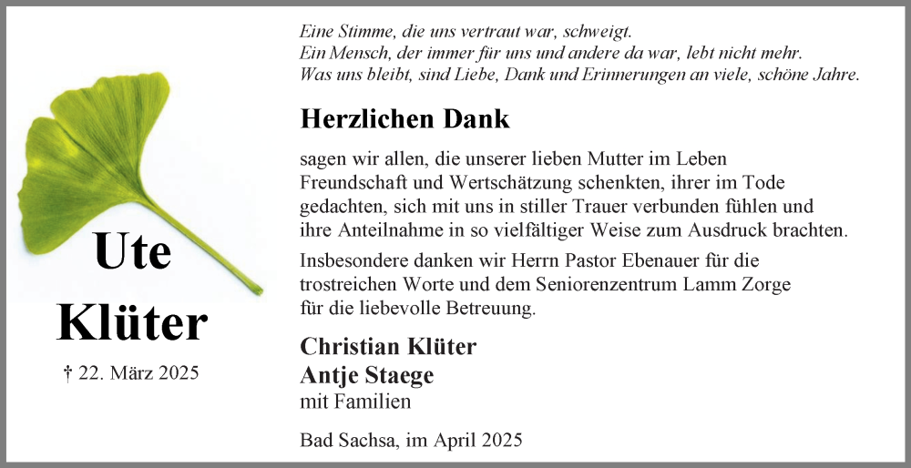  Traueranzeige für Ute Klüter vom 05.04.2025 aus Harz Kurier