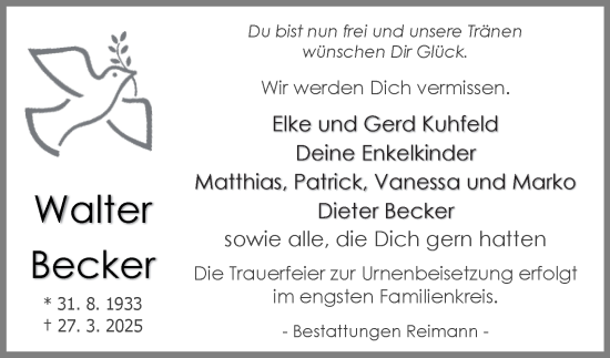 Traueranzeige von Walter Becker von Harz Kurier