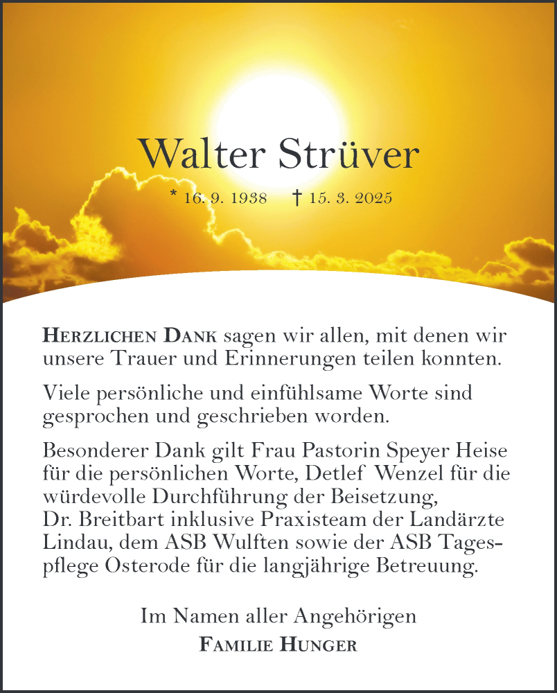  Traueranzeige für Walter Strüver vom 12.04.2025 aus Harz Kurier