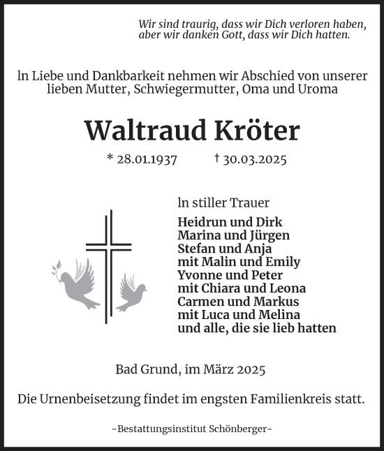 Traueranzeige von Waltraud Kröter von Harz Kurier
