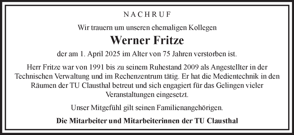 Traueranzeige für Werner Fritze vom 25.04.2025 aus Harz Kurier