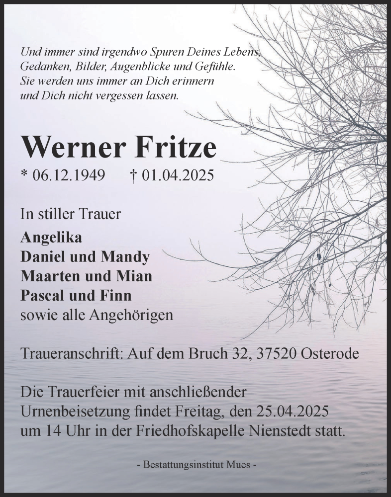  Traueranzeige für Werner Fritze vom 19.04.2025 aus Harz Kurier