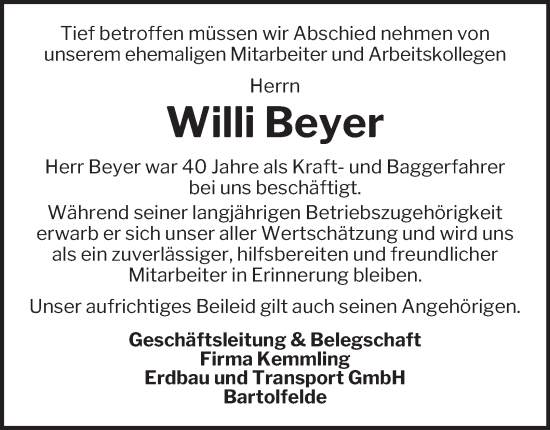 Traueranzeige von Willi Beyer von Harz Kurier