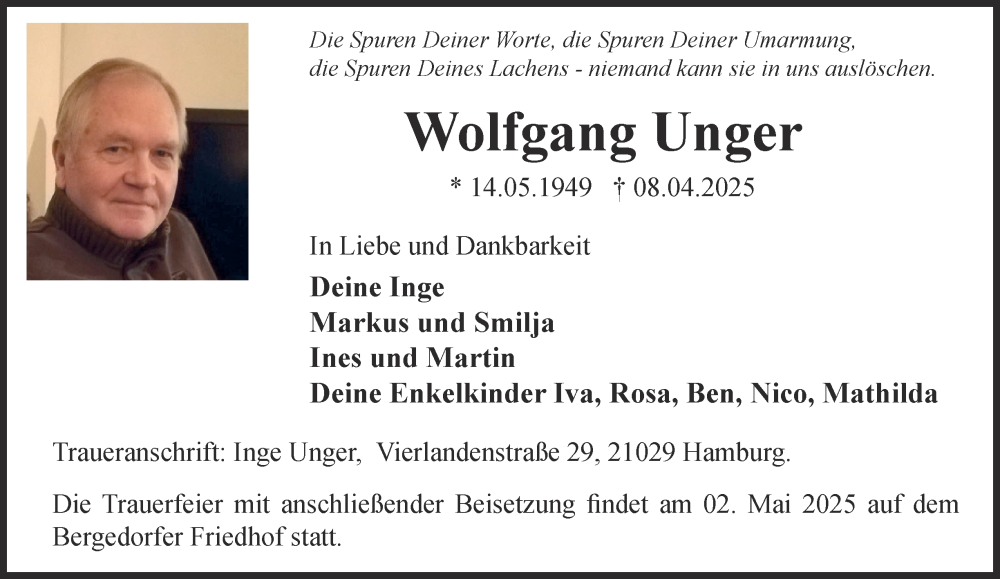  Traueranzeige für Wolfgang Unger vom 19.04.2025 aus Harz Kurier