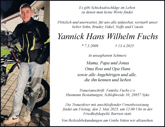 Traueranzeige von Yannick Hans Wilhelm Fuchs von Harz Kurier