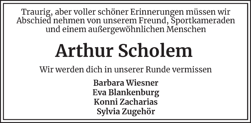  Traueranzeige für Arthur Scholem vom 17.05.2025 aus Harz Kurier