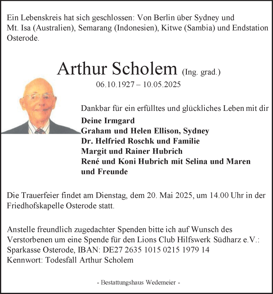  Traueranzeige für Arthur Scholem vom 14.05.2025 aus Harz Kurier