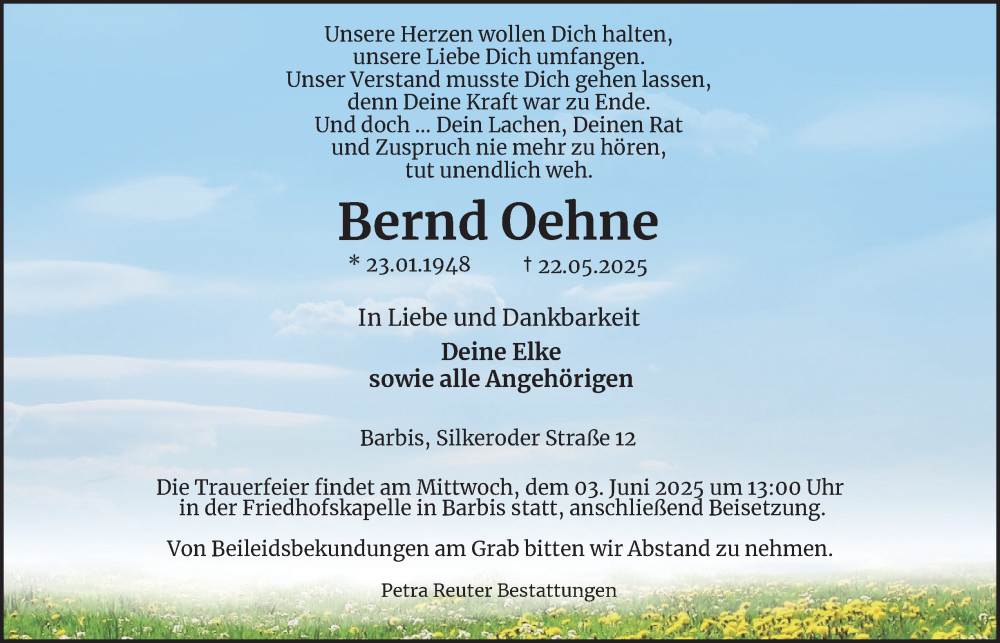  Traueranzeige für Bernd Oehne vom 31.05.2025 aus Harz Kurier
