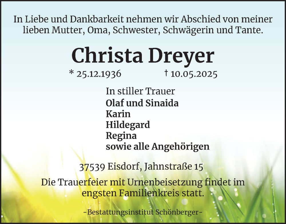  Traueranzeige für Christa Dreyer vom 24.05.2025 aus Harz Kurier