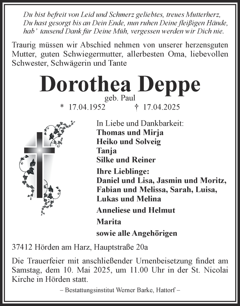  Traueranzeige für Dorothea Deppe vom 03.05.2025 aus Harz Kurier