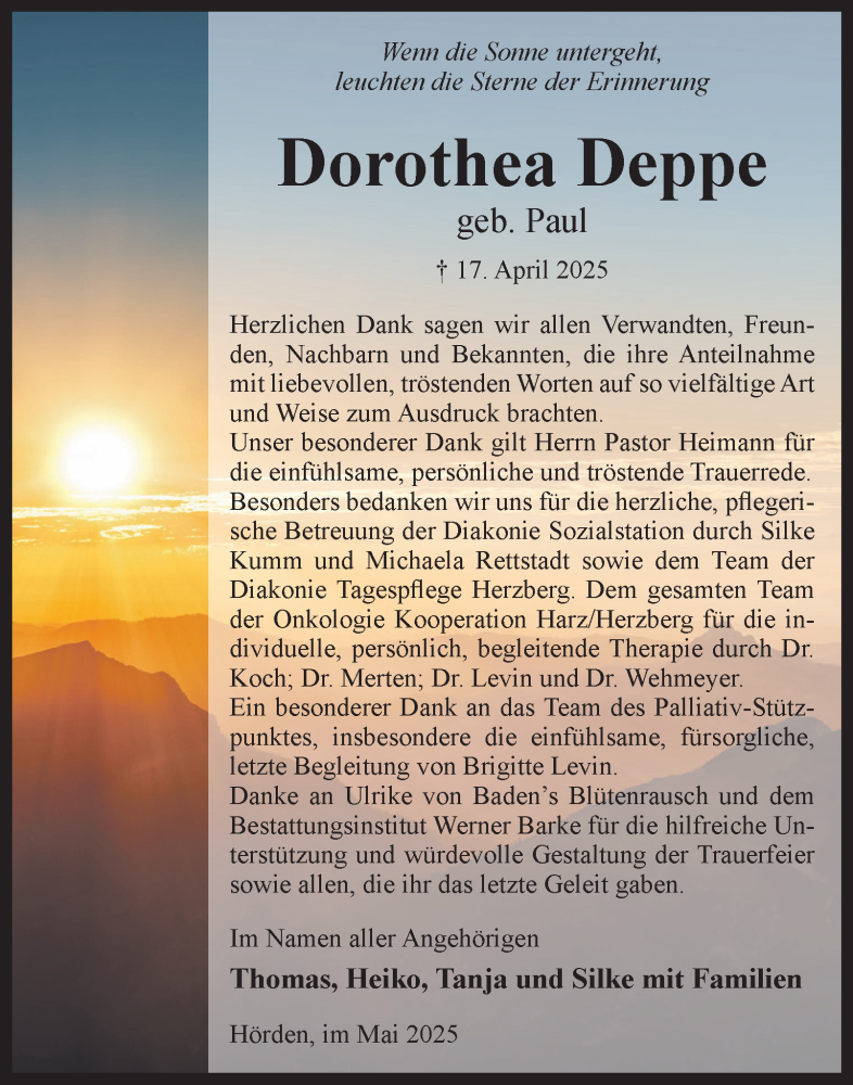  Traueranzeige für Dorothea Deppe vom 24.05.2025 aus Harz Kurier