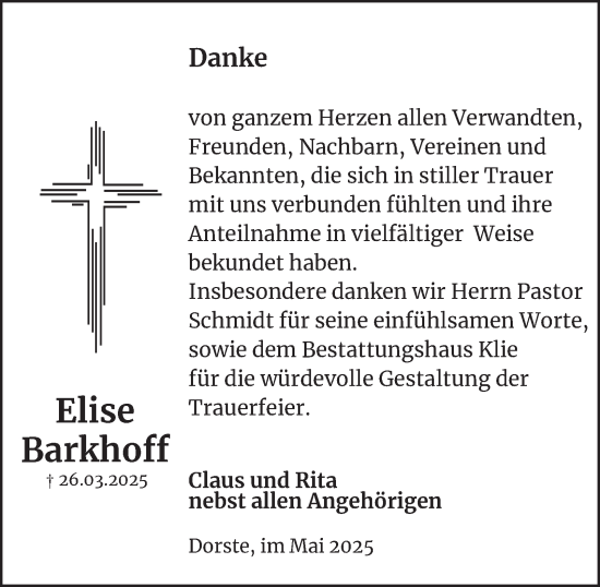 Traueranzeige von Elise Barkhoff von Harz Kurier