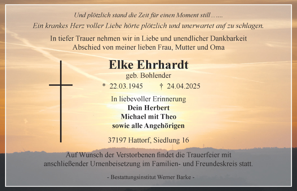  Traueranzeige für Elke Ehrhardt vom 03.05.2025 aus Harz Kurier