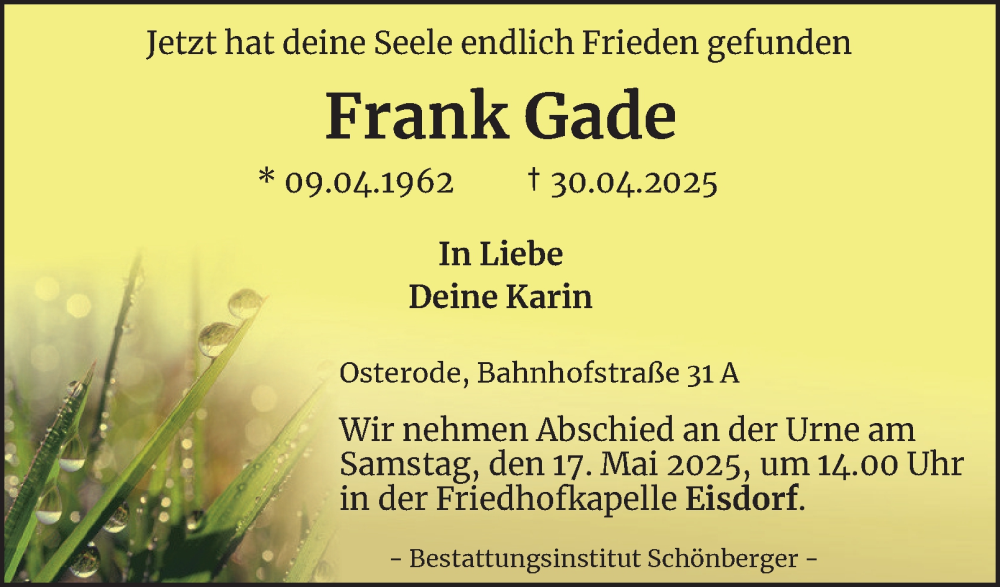  Traueranzeige für Frank Gade vom 10.05.2025 aus Harz Kurier